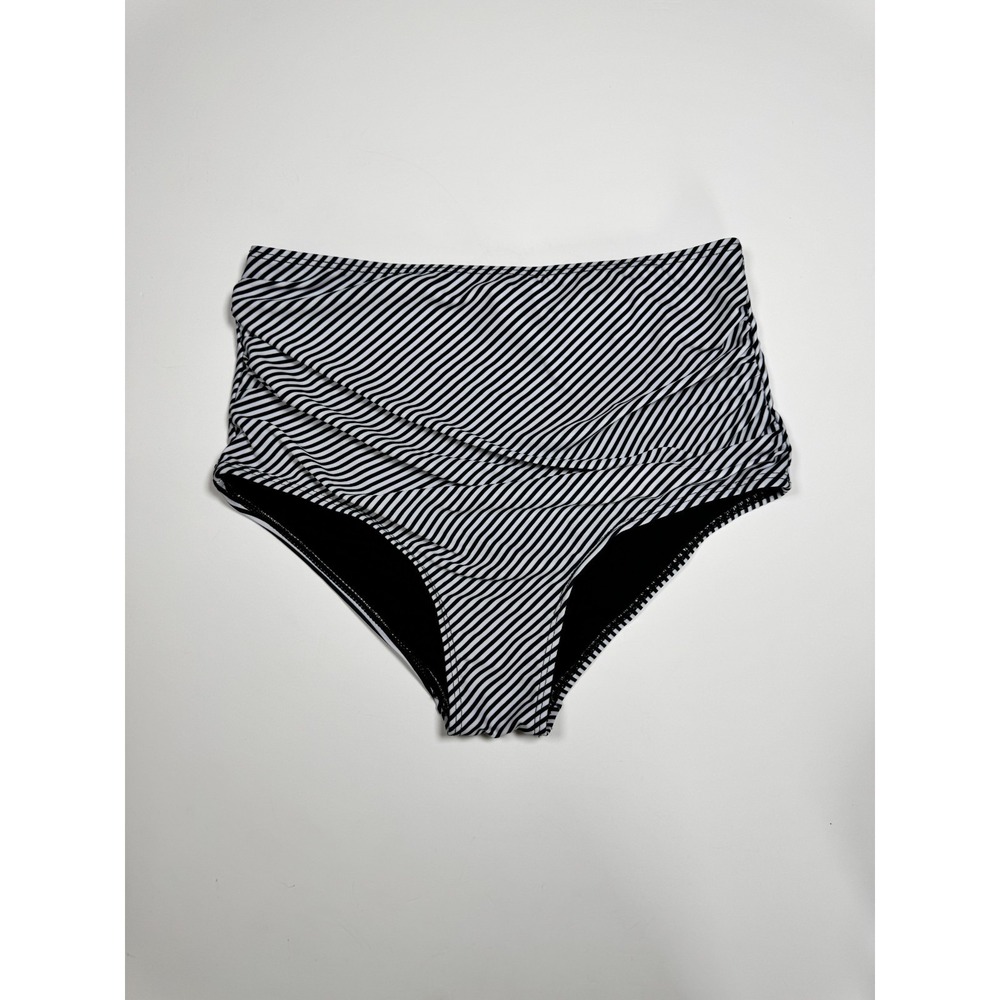 Womens High Waisted Swim Bottom Small Black White Striped Ruched Side Stretch